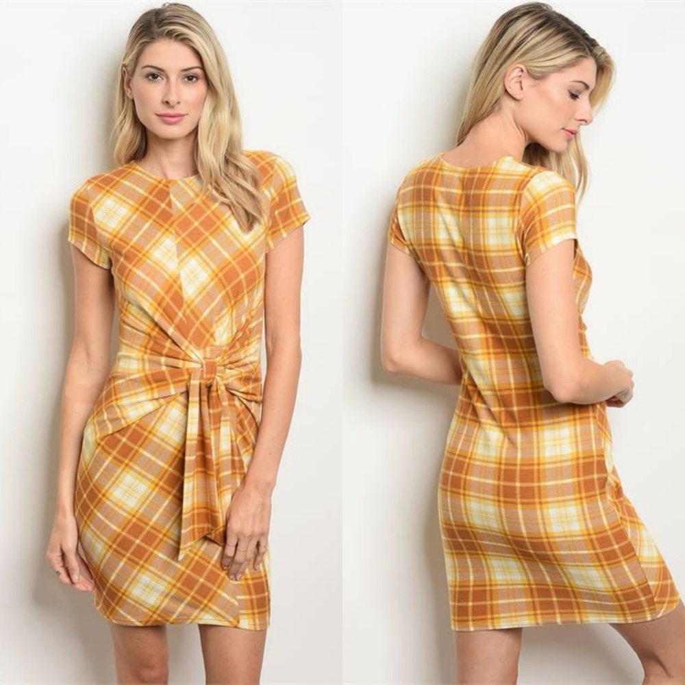 NEW GIRL PLAID FRONT TIE MINI DRESS in MUSTARD